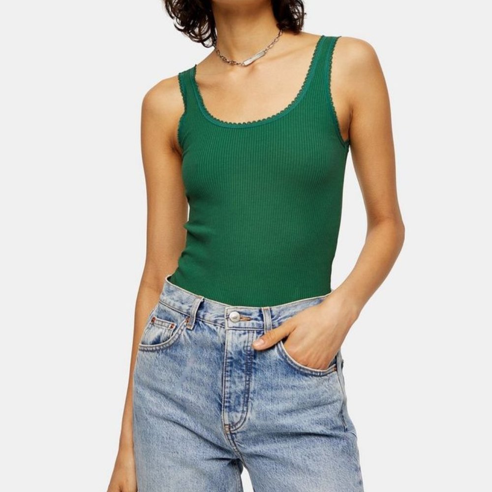 Topshop Green Picot Trim Tank Top